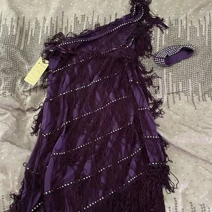 Latin fringe dress with matching arm band purple/eggplant XXL